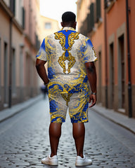 Men's Plus Size Baroque Luxury Leopard Print Blue Textured Casual Cuban Collar Short Sleeve Shirt Shorts Suit
