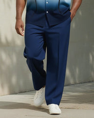 Big & Tall Men's Business Gradient Blue Striped Print Pocket Short Sleeve Shirt Trousers Suit