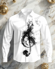 Big Guy's Casual Simple Ink Music Symbols Print Lapel Long Sleeve Shirt