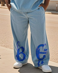 Big & Tall Men's Street Fashion Trend Personality Brand Original Letter Design Denim Trousers
