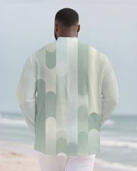 Big & Tall Men's Green Geometric Stripe Print Bamboo Hemp Texture Henry Collar Long Sleeve Shirt