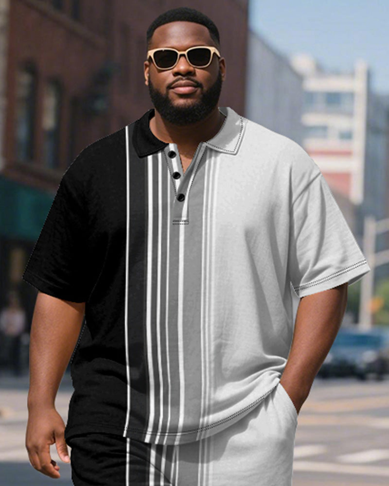 Men's Plus Size Business Black Gradient Stripe Print Short Sleeve Polo Shirt Shorts Suit