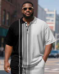 Men's Plus Size Business Black Gradient Stripe Print Short Sleeve Polo Shirt Shorts Suit