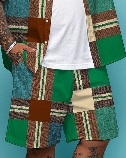 Men's Daily Casual Retro Green Plaid Printed Big Size Short Sleeve Shirt and Shorts Set