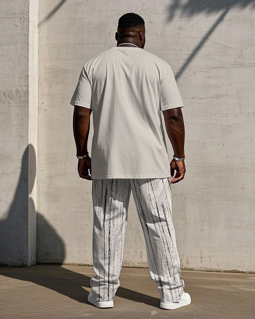 Men's Plus Size Apricot Same Color Jacquard Short-sleeved T-shirt Trousers Suit