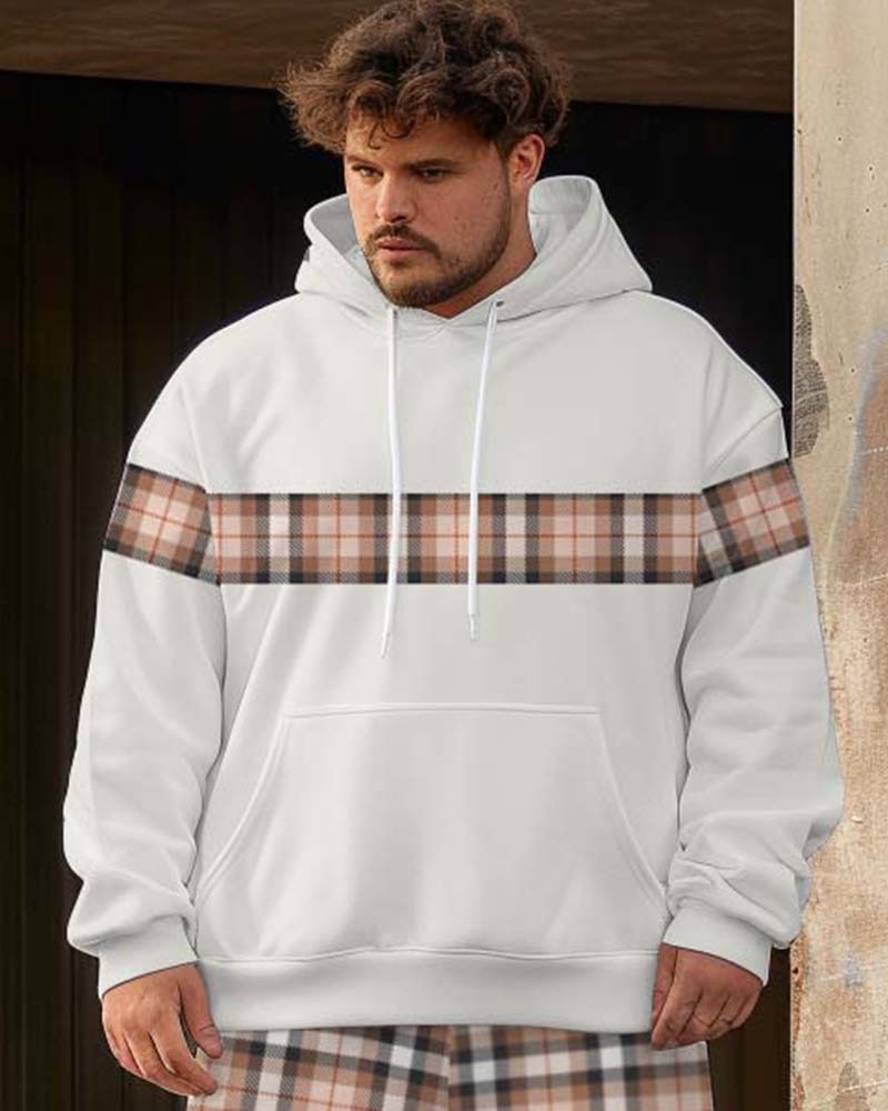 Men's Street Fashion Classic All-match Plaid Stitching Big & Tall Hoodie Set