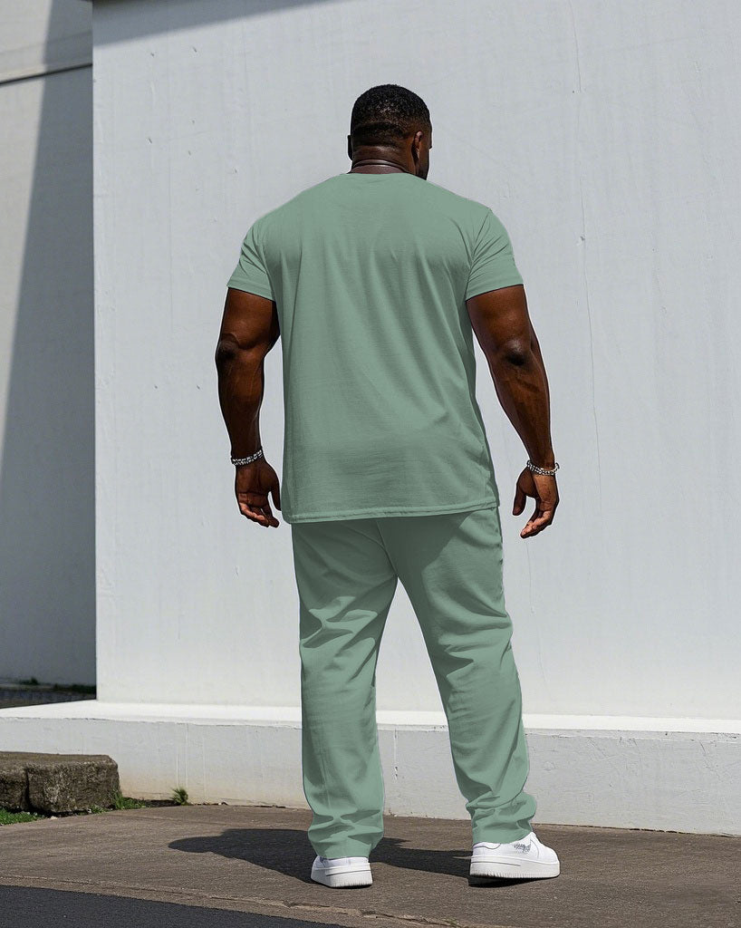 Men's Plus Size Tender Green & White Colorblock Small Label Design Arrangement Printed Short-sleeved T-shirt Trousers Suit