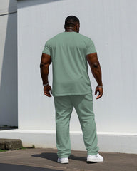 Men's Plus Size Tender Green & White Colorblock Small Label Design Arrangement Printed Short-sleeved T-shirt Trousers Suit