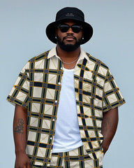 Big Men's Daily Casual Classic Metal Plaid Printed Short Sleeve Shirt and Shorts Set