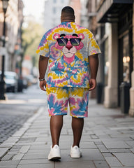 Men's Plus Size Pink Tie Dye Graffiti Cartoon Print Short Sleeve T-Shirt Shorts Suit