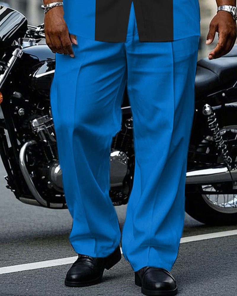 Men's Plus Size Blue & Black Simple Colorblock Short Sleeve Shirt Pants Suit