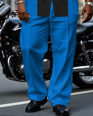 Men's Plus Size Blue & Black Simple Colorblock Short Sleeve Shirt Pants Suit