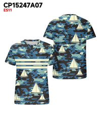 Men's Plus Size Hawaiian Blue Camouflage Sailboat Print Henry Collar Button Short Sleeve Tee