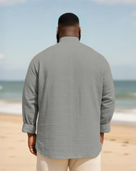 Big & Tall Men's Everyday College Style B Letter Icon Bamboo Hemp Texture Stand-up Collar Long Sleeve Shirt