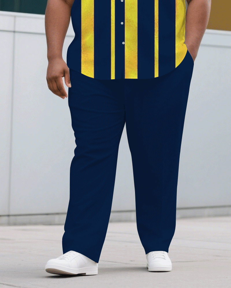 Big & Tall Men's Casual Royal Blue & Yellow Thick Stripe Short Sleeve Shirt Trousers Suit