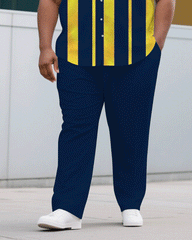 Big & Tall Men's Casual Royal Blue & Yellow Thick Stripe Short Sleeve Shirt Trousers Suit