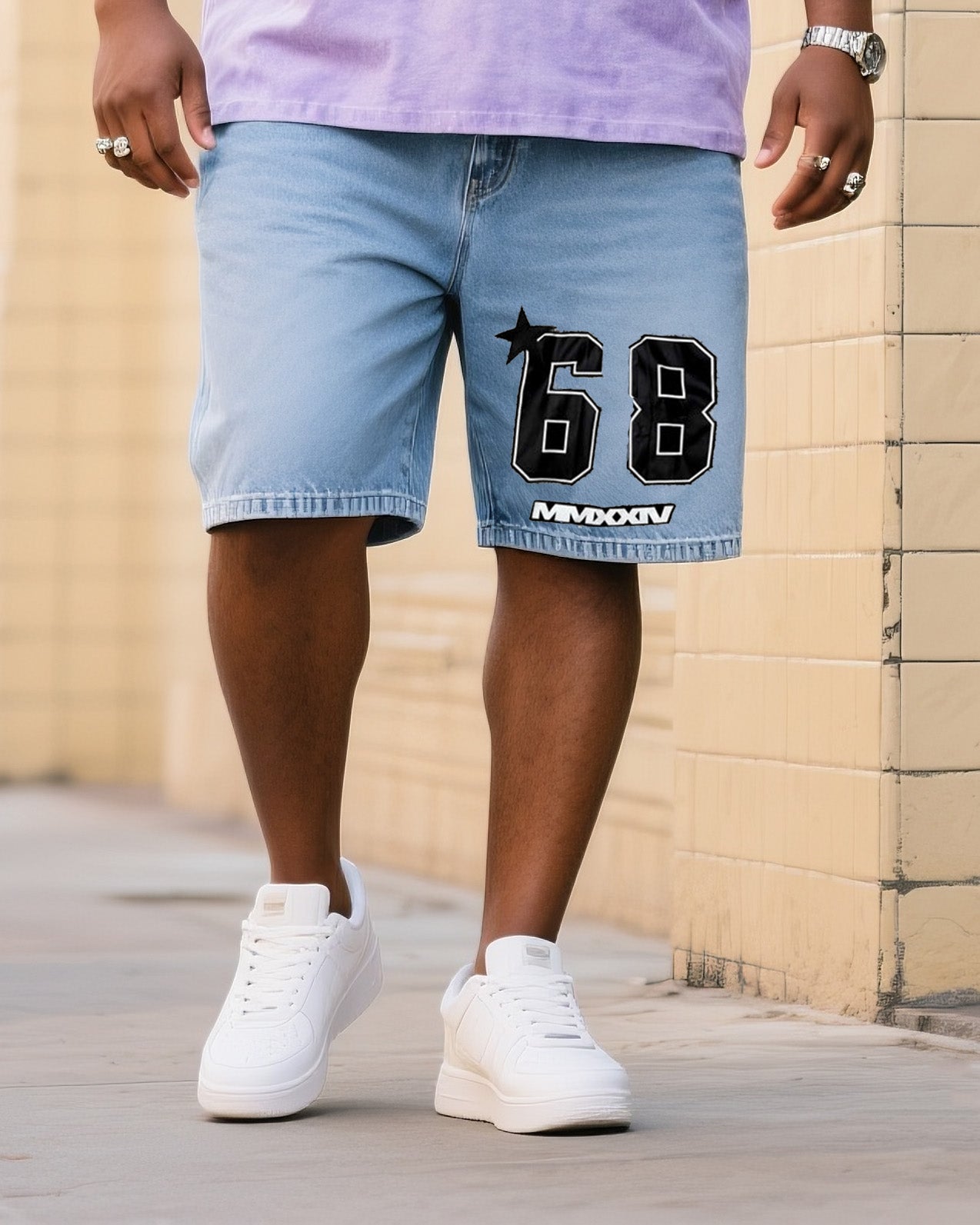 Big & Tall Men's Fashion Street Personality 68 Digital T-shirt Small Label Shorts Denim Suit