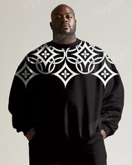 Men's Black Vintage Pattern Printed Plus Size Round Neck Sweatshirt Suit