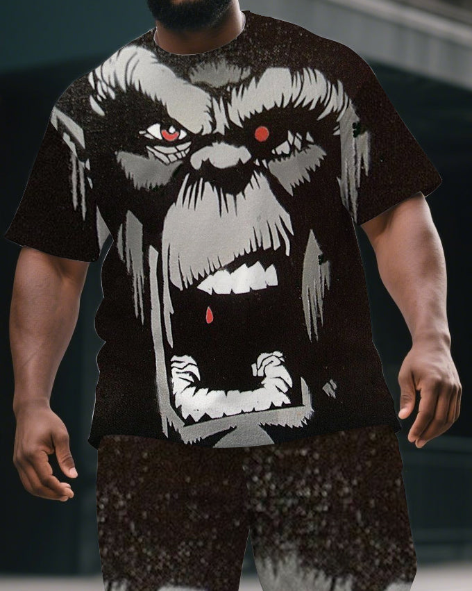 Men's Street Style Angry Gorillas Cartoon Print Big & Tall Outdoor Short-Sleeve T-shirt & Short Set