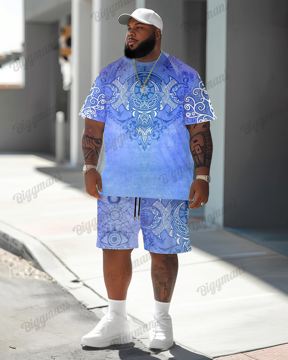 Men's Plus Size Blue Esbat Print T-Shirt Shorts Suit