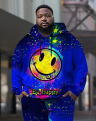 Men's Large Size Blue Smiley Face Splash Ink Hoodie Set of Two