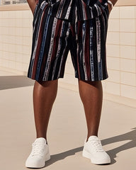 Big Men's-Retro Daily Casual Striped Color Block Printed Short Sleeve Shirt Shorts Suit