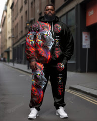 Men's Street Fashion Lion Alphabet Print Big and Tall Hoodie Set