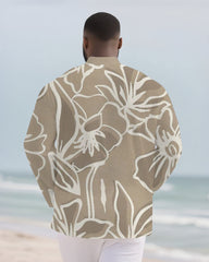 Big & Tall Men's Khakis Floral Print Bamboo Hemp Texture Henry Collar Long Sleeve Shirt