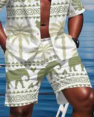 Men's Plus Size Hawaiian Green Tropical Plants Geometric Print Shirt Shorts Suit