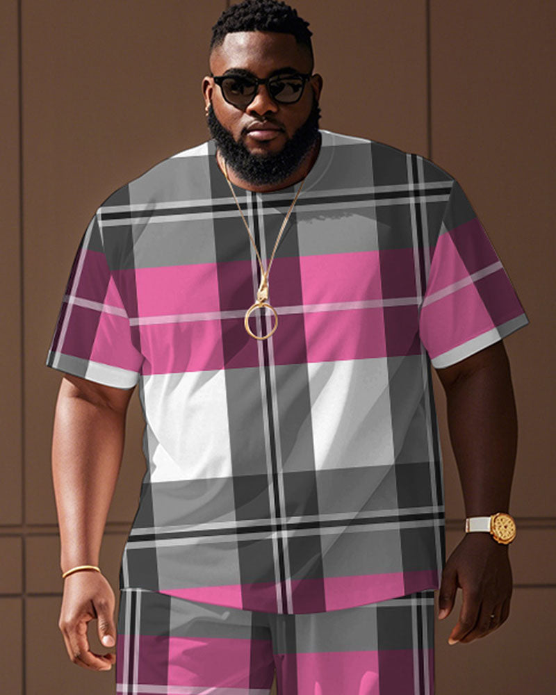 Men's Plus Size Street Pink Plaid Print Short Sleeve T-Shirt Shorts Suit