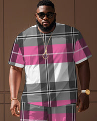 Men's Plus Size Street Pink Plaid Print Short Sleeve T-Shirt Shorts Suit