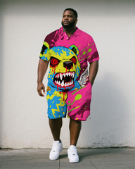 Big & Tall Man's Fierce Cartoon Bear Ink Splash Printed Short-Sleeve Polo Shirt & Shorts Set