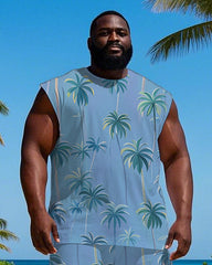 Men's Big Size Simple Tropical Coconut Trees Printed Hawaiian Vest and Shorts Set