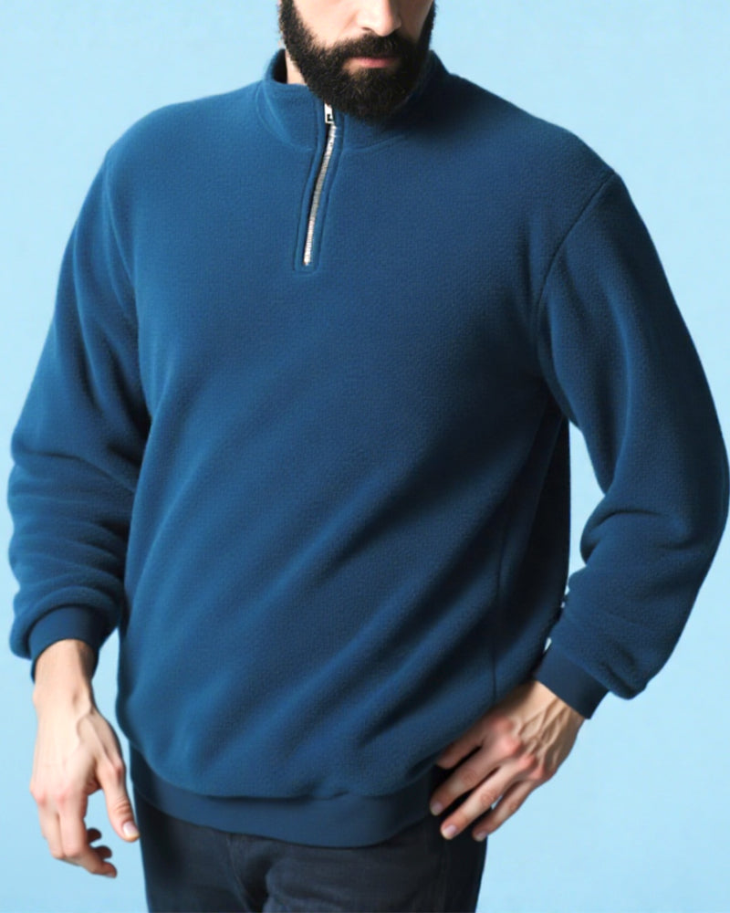 Big & Tall Men's Blue-Fall/Winter Solid Color Polar Fleece Fabric Metal Zipper Collar POLO Long Sleeve