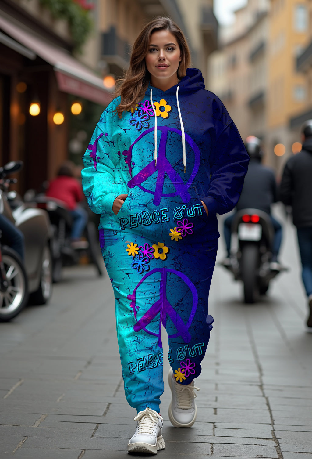 Women's Big and Tall Blue Floral Peace Hoodie Set (Pack of 2)
