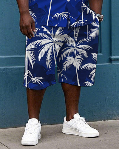 Big and Tall Guys' Hawaiian Coconut Trees Printed Cuban Collar Short Sleeve Shirt Shorts Set