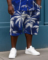 Big and Tall Guys' Hawaiian Coconut Trees Printed Cuban Collar Short Sleeve Shirt Shorts Set