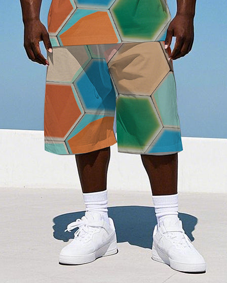 Big Men's Soccer Textures Splicing Color Block Printed Vest and Shorts Set