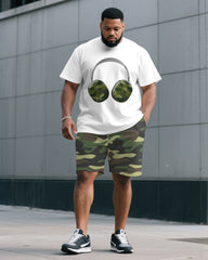 Men's Plus Size White & Green Camouflage Headphones Fashion Round Neck Short Sleeve T-shirt Shorts Suit