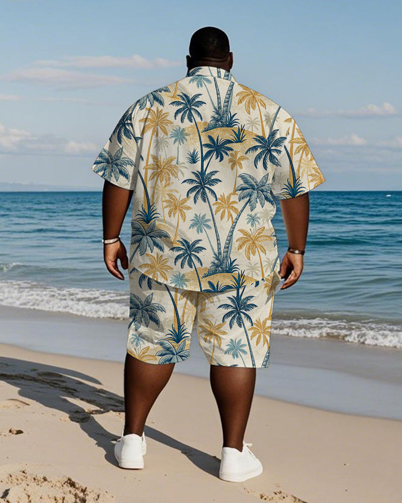 Men's Plus Size Hawaiian Hand Painted Yellow Blue Coconut Tree Print Shirt Shorts Suit