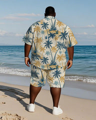 Men's Plus Size Hawaiian Hand Painted Yellow Blue Coconut Tree Print Shirt Shorts Suit