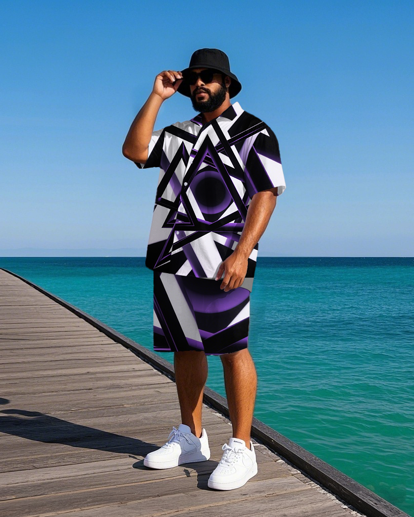 Big Men's Simple Triangle Geometric Pattern Printed Short-Sleeve Shirt and Shorts Set