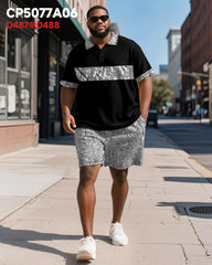 Big & Tall Men's Business Black Patchwork Printed Short Sleeve Polo Shirt Shorts Suit