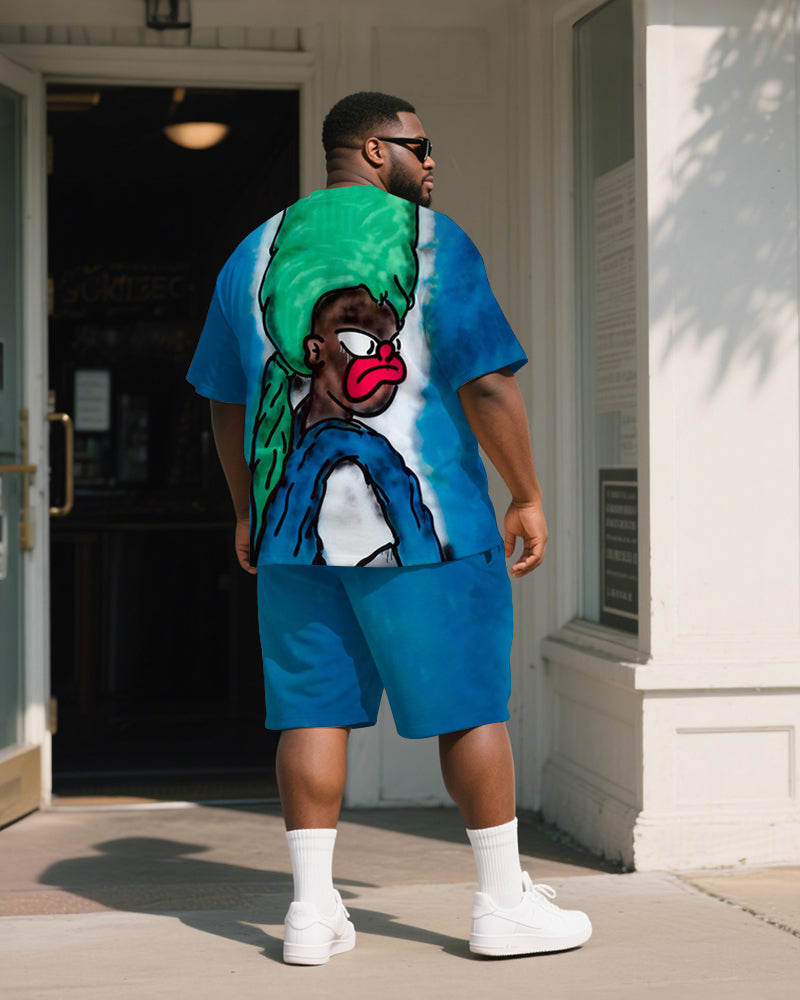 Big & Tall Men's Blue Cartoon Graffiti Print Round Neck Short Sleeve T-Shirt Shorts Suit