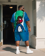 Big & Tall Men's Blue Cartoon Graffiti Print Round Neck Short Sleeve T-Shirt Shorts Suit