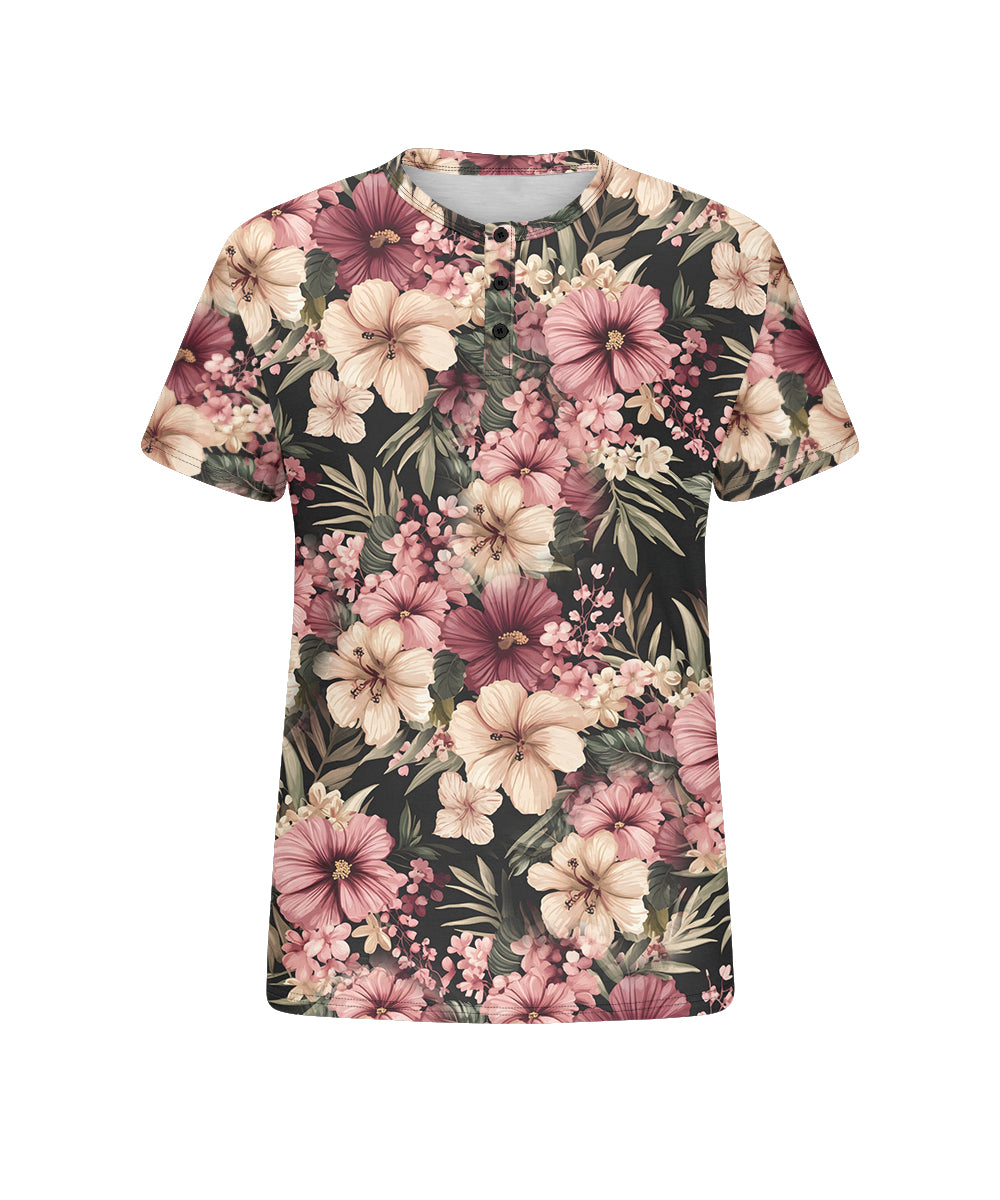 Men's Plus Size Pink Gesang Flower Print Henry Collar Button Short Sleeve T-Shirt