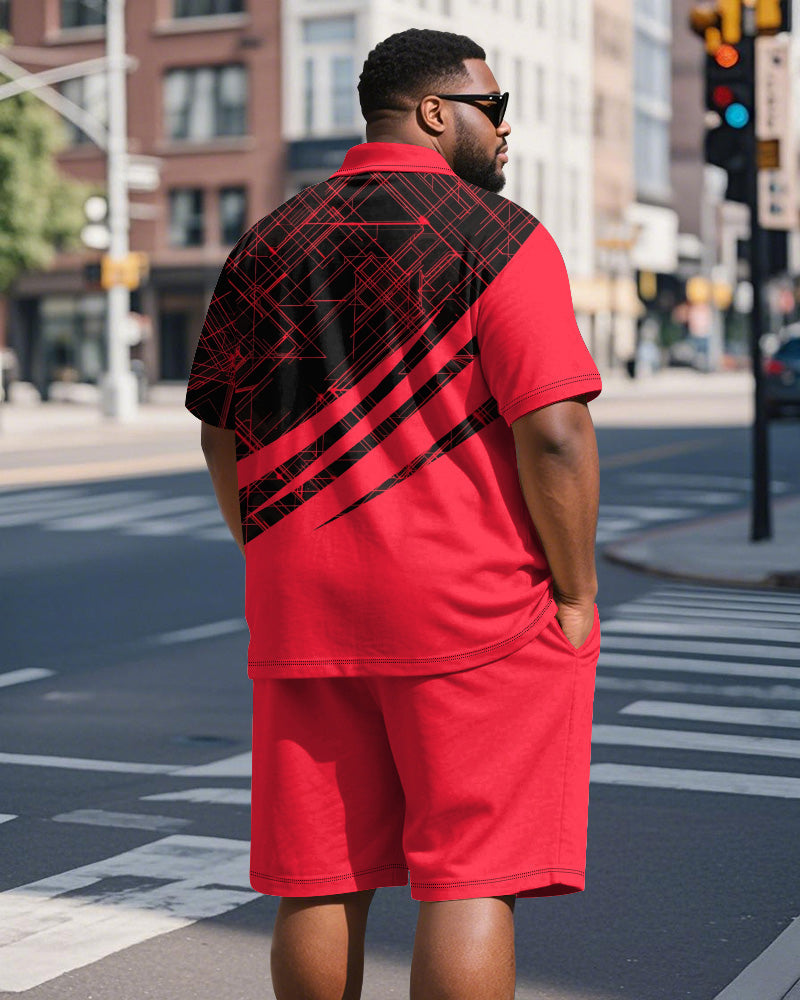 Big & Tall Men's Business Black And Red Color Block Geometric Print Short Sleeve Polo Shirt Shorts Suit