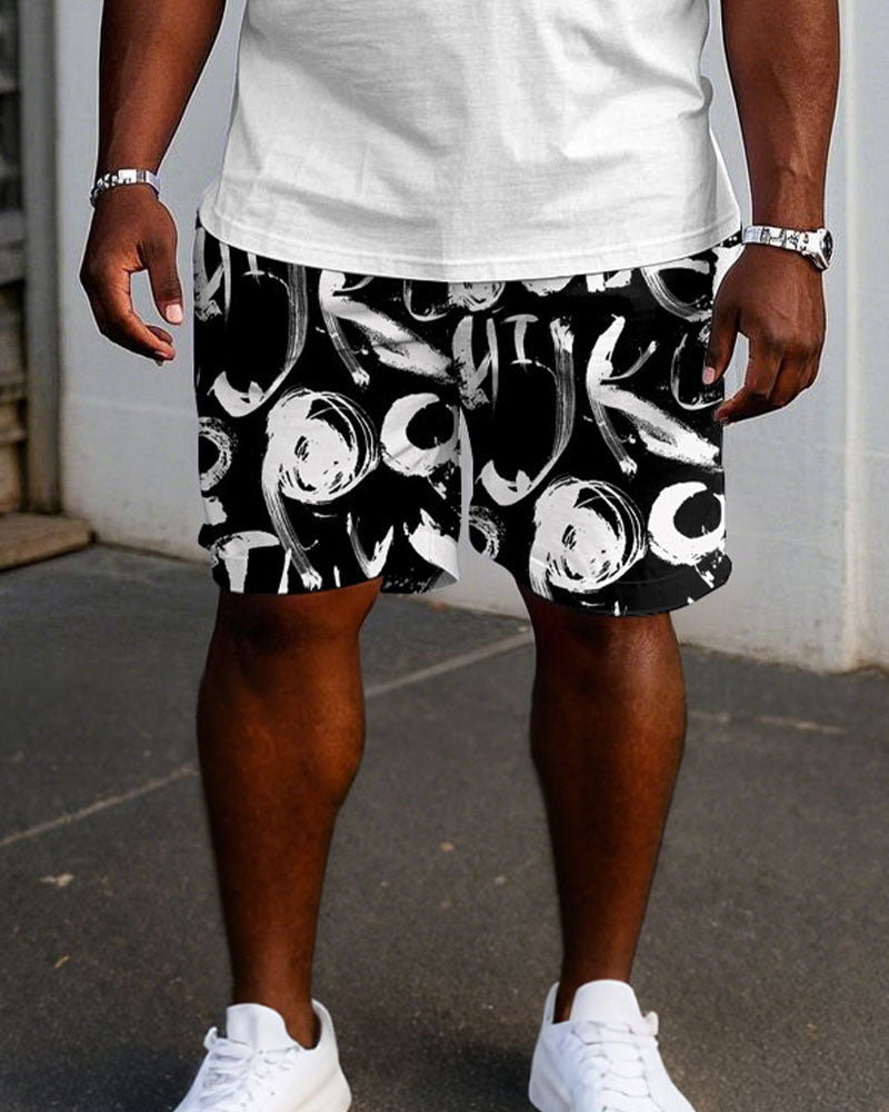 Men's Plus Size Street Fashion Pattern Chest "Brother" Printed Short Sleeve T-Shirt Shorts Suit
