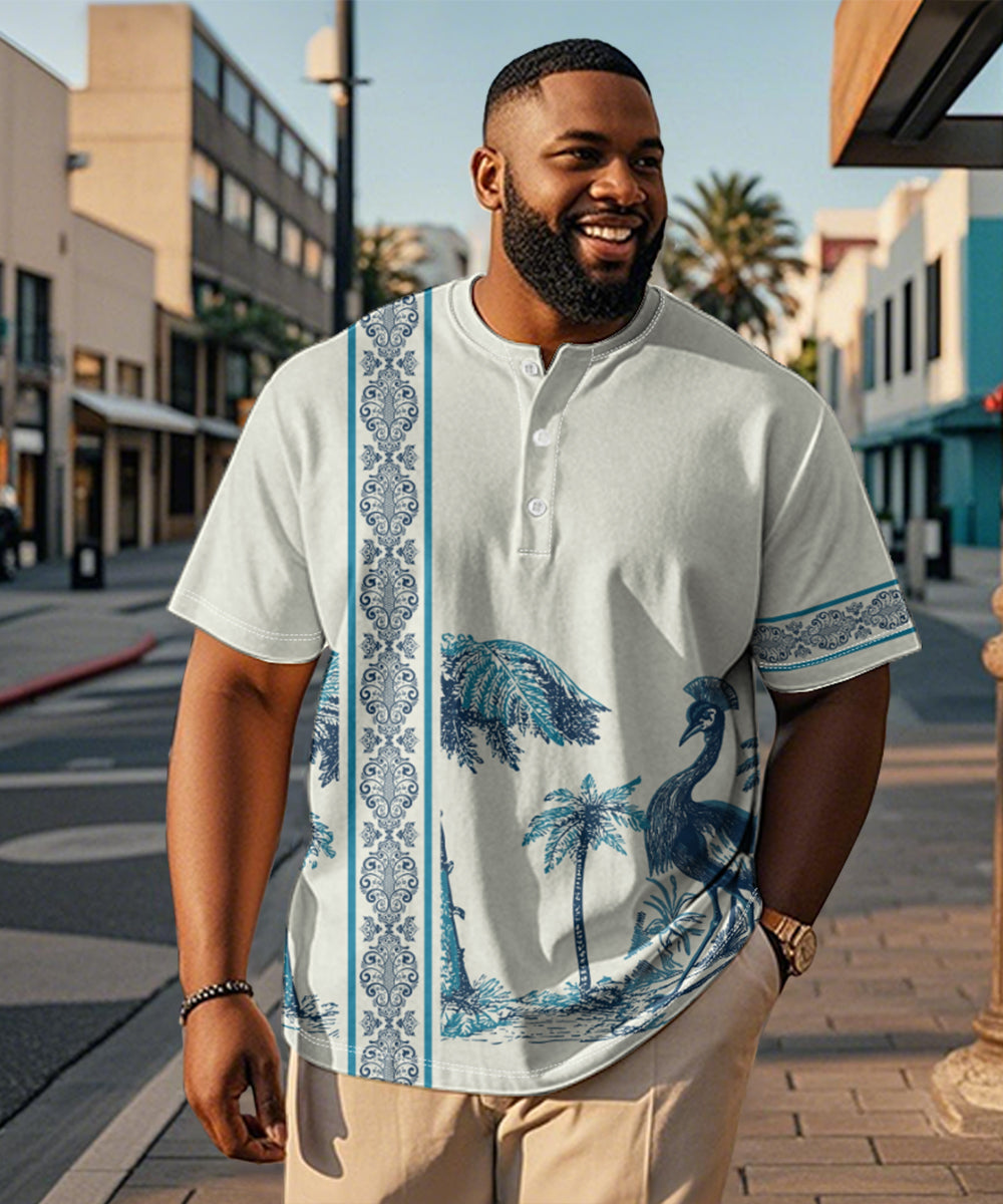 Men's Plus Size Hawaiian Blue Peacock Print Henry Collar Button Short Sleeve Tee