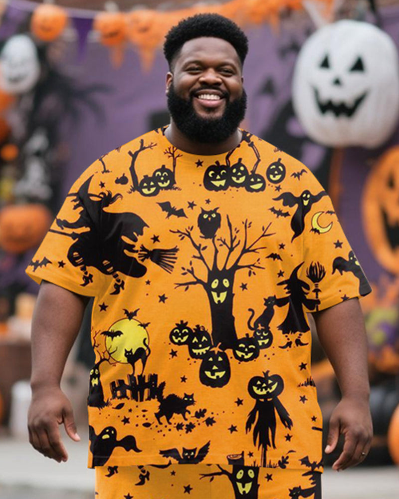 Big & Tall Men's Halloween Orange Black Color Cartoon Pumpkin Bat Print T-Shirt Pants Suit